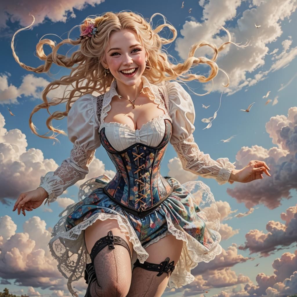 Smiling Woman Leaping in Psychedelic Sky Portrait