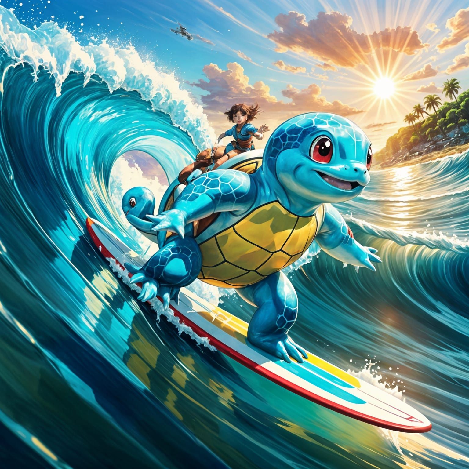 Squirtle Surfing: Anime Action Painting Seascape