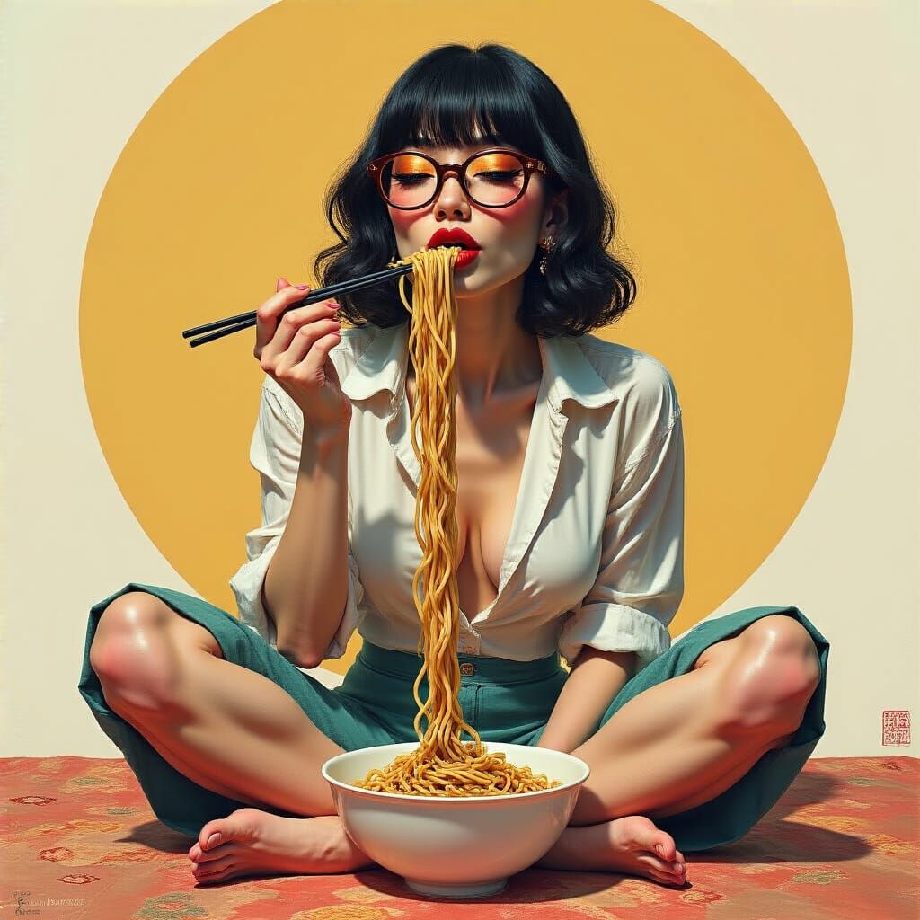 Woman Indulging in Noodles with Chic Style