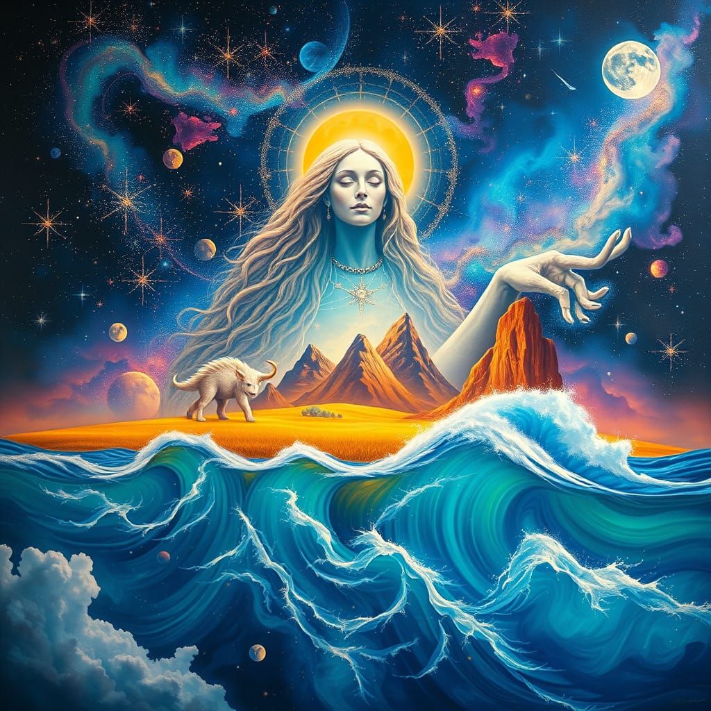 Majestic Deities of Space, Land, and Sea in Dreamlike Surrea...