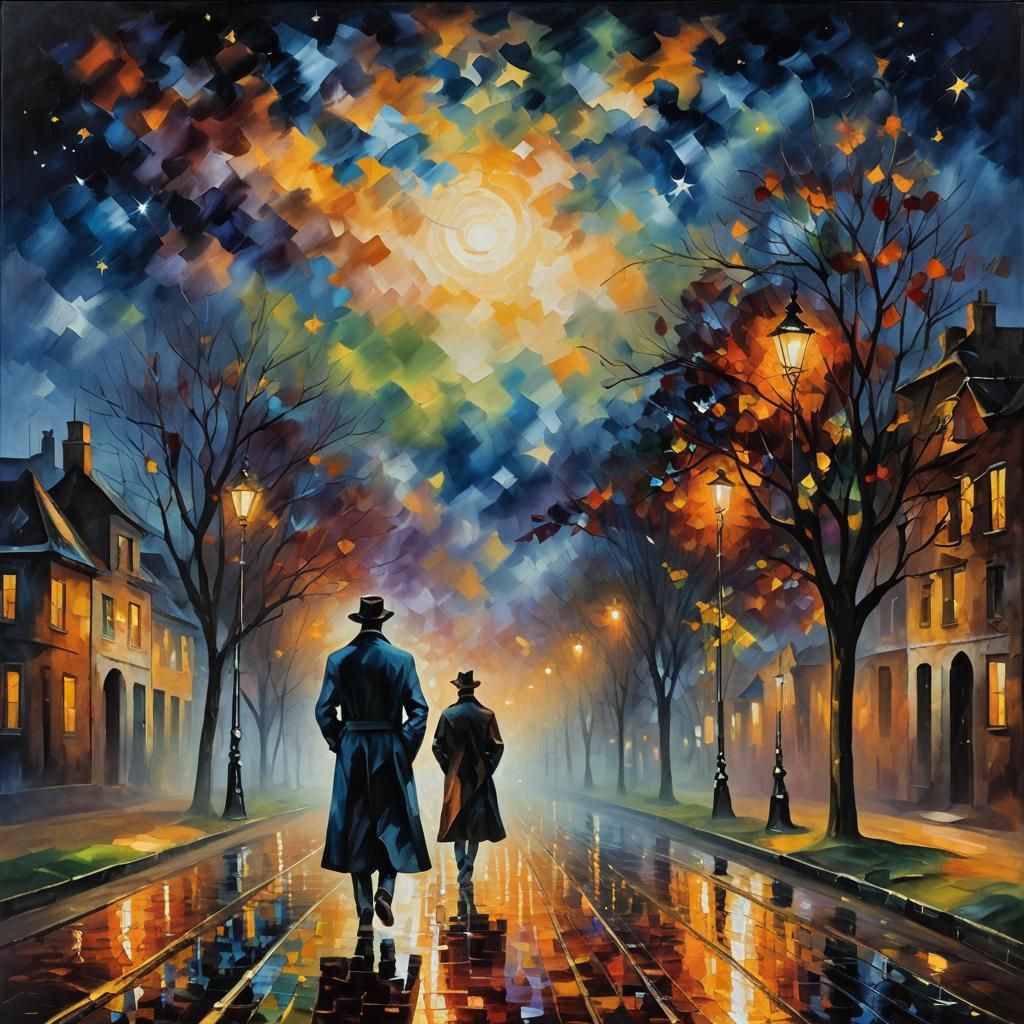 Starry Night Walker: Expressionist Oil Painting