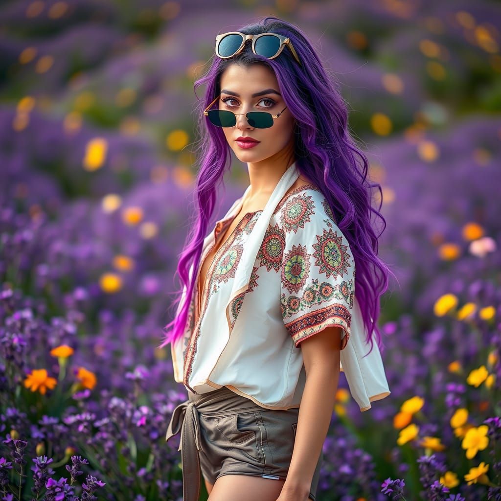 Purple-Haired Woman in Dreamy Wildflower Field