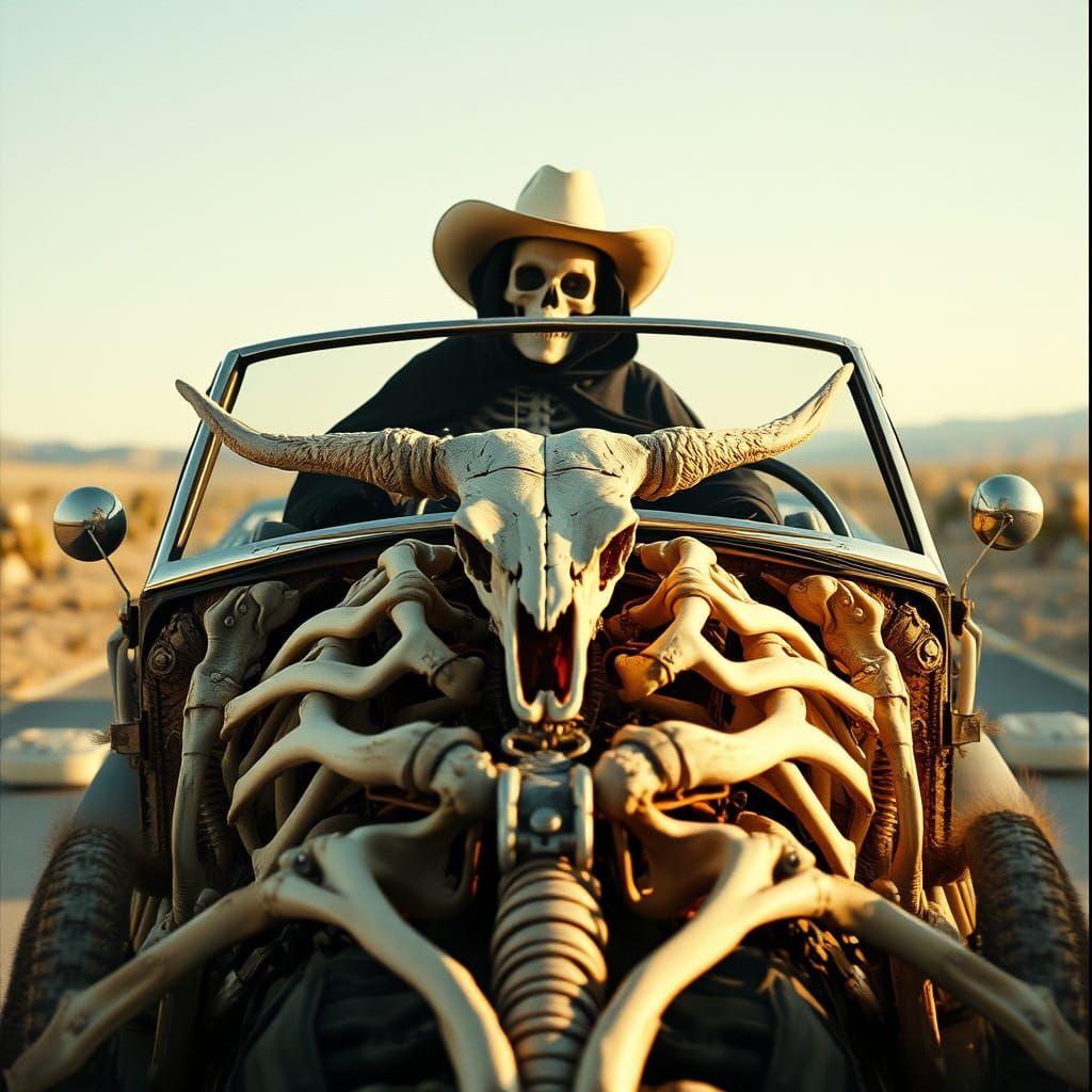 Skeletal Bone Car Driven by Death, Cinematic Style