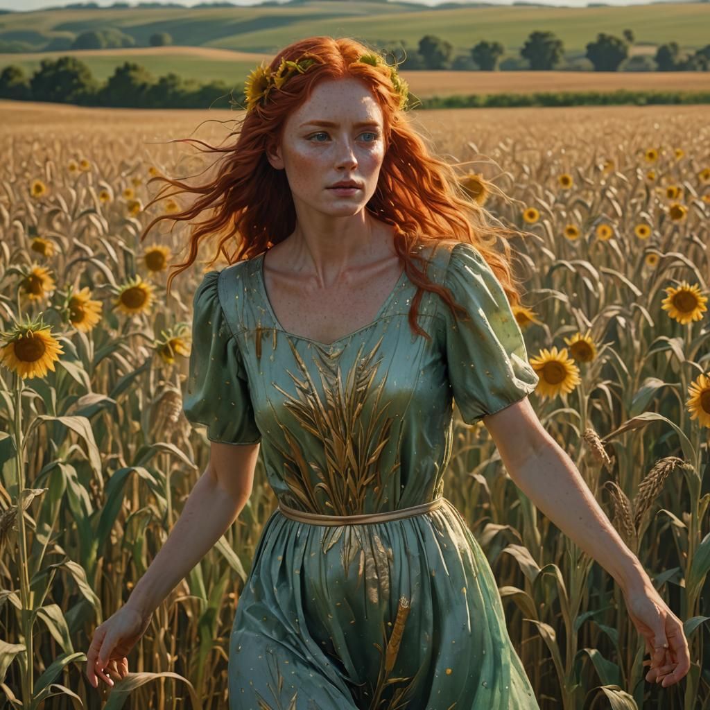 Sunflower Woman in Wheat Field Under Starry Sky