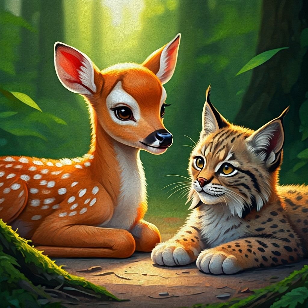 Deer Fawn and Lynx Kitten Friends in Forest