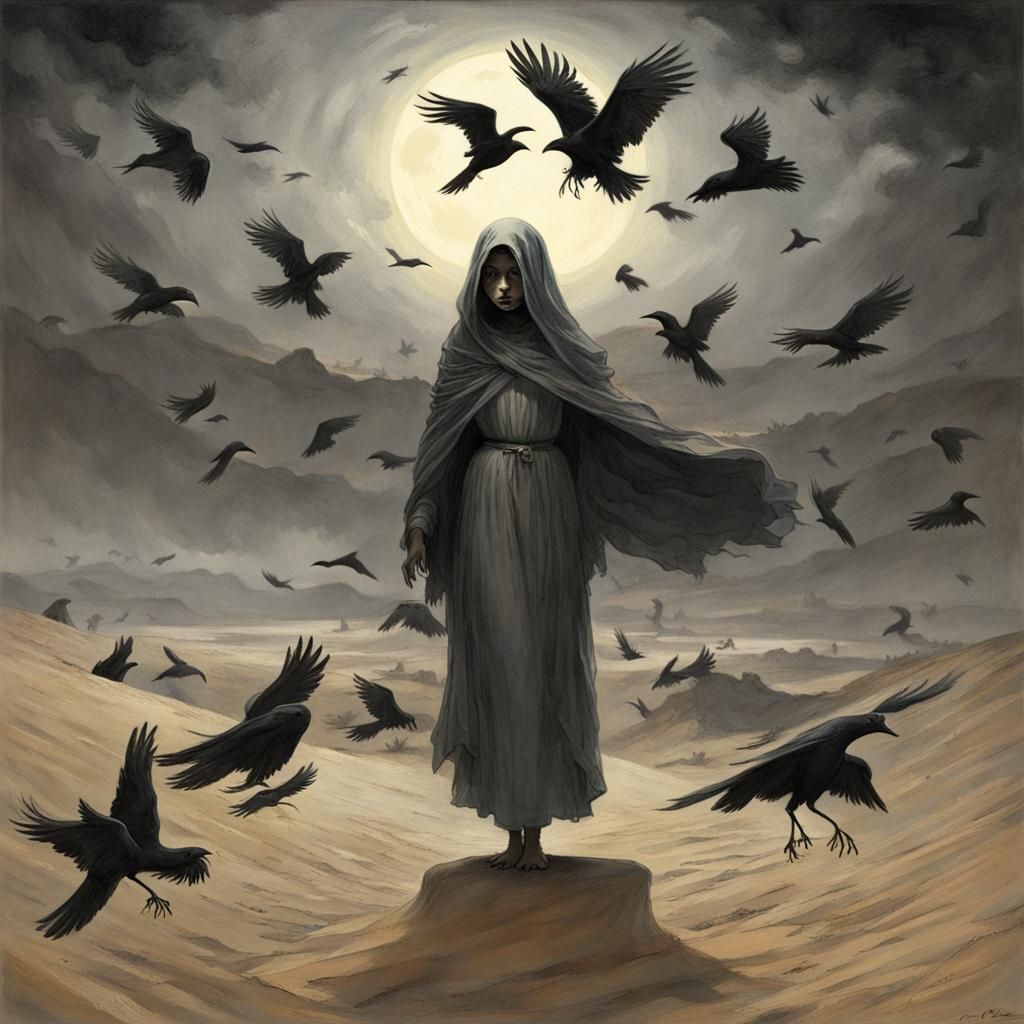 Ghost Girl in Desert with Crows: Horror Art