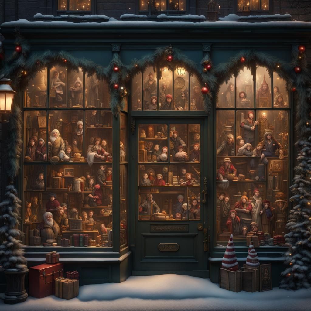 Victorian Christmas Toy Shop Window with Racing Brooms