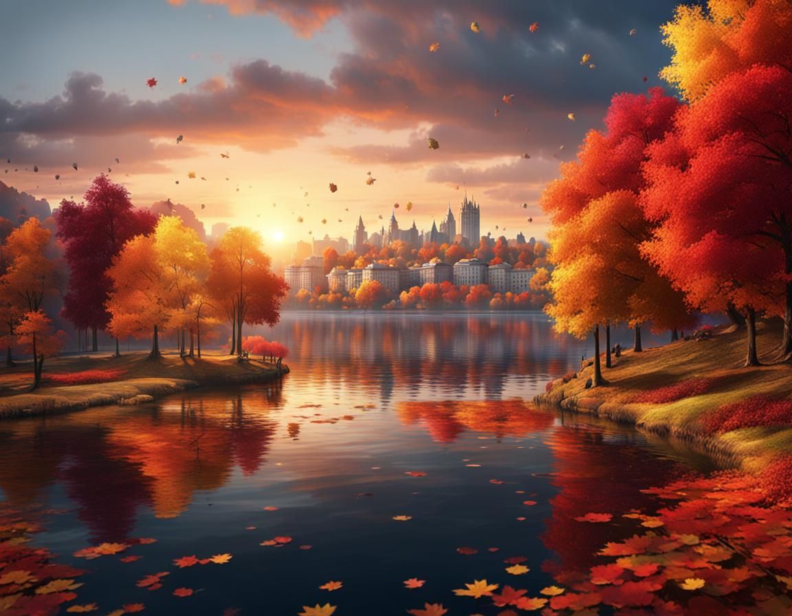 Autumn Sunset Over Lake With Colorful Trees