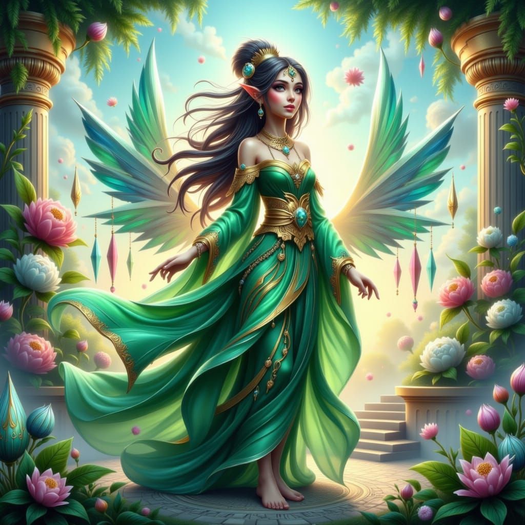 Cultivator in Vibrant Fantasy Realm with Emerald Robes and C...