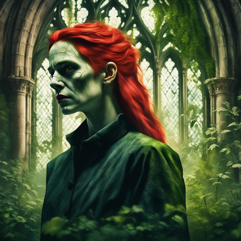 Frankenstein Woman Portrait in Overgrown Gothic Abbey
