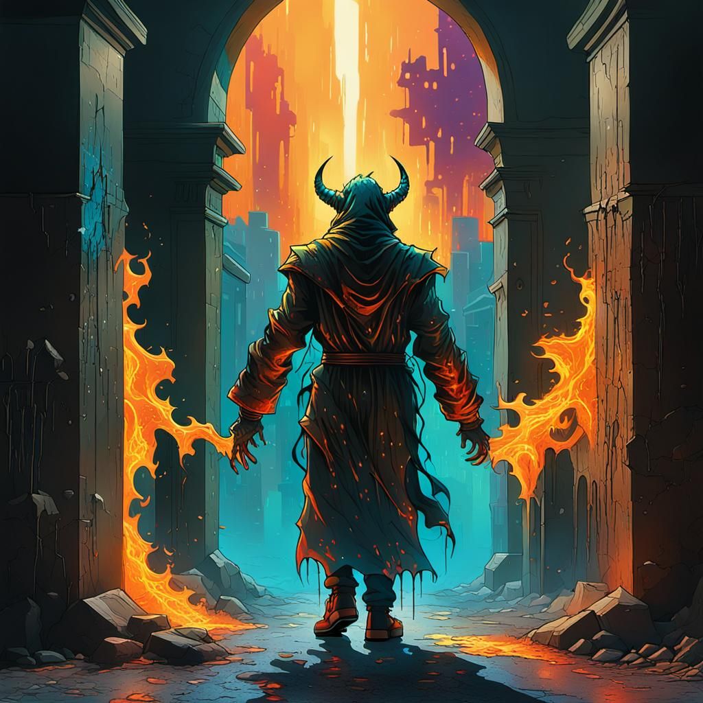 Cyberpunk Devil Breaks Through Metallic Wall