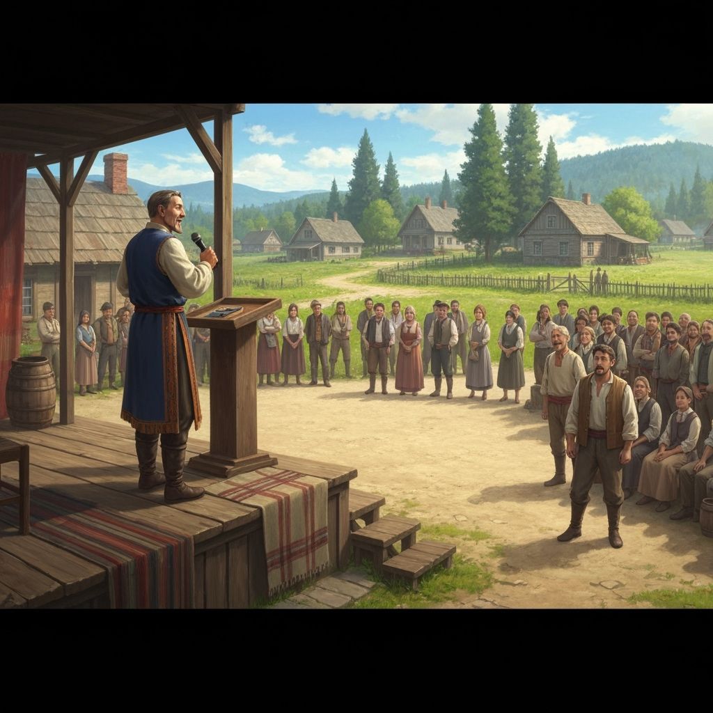 Man's Speech at Village Assembly in Classic Painting Style
