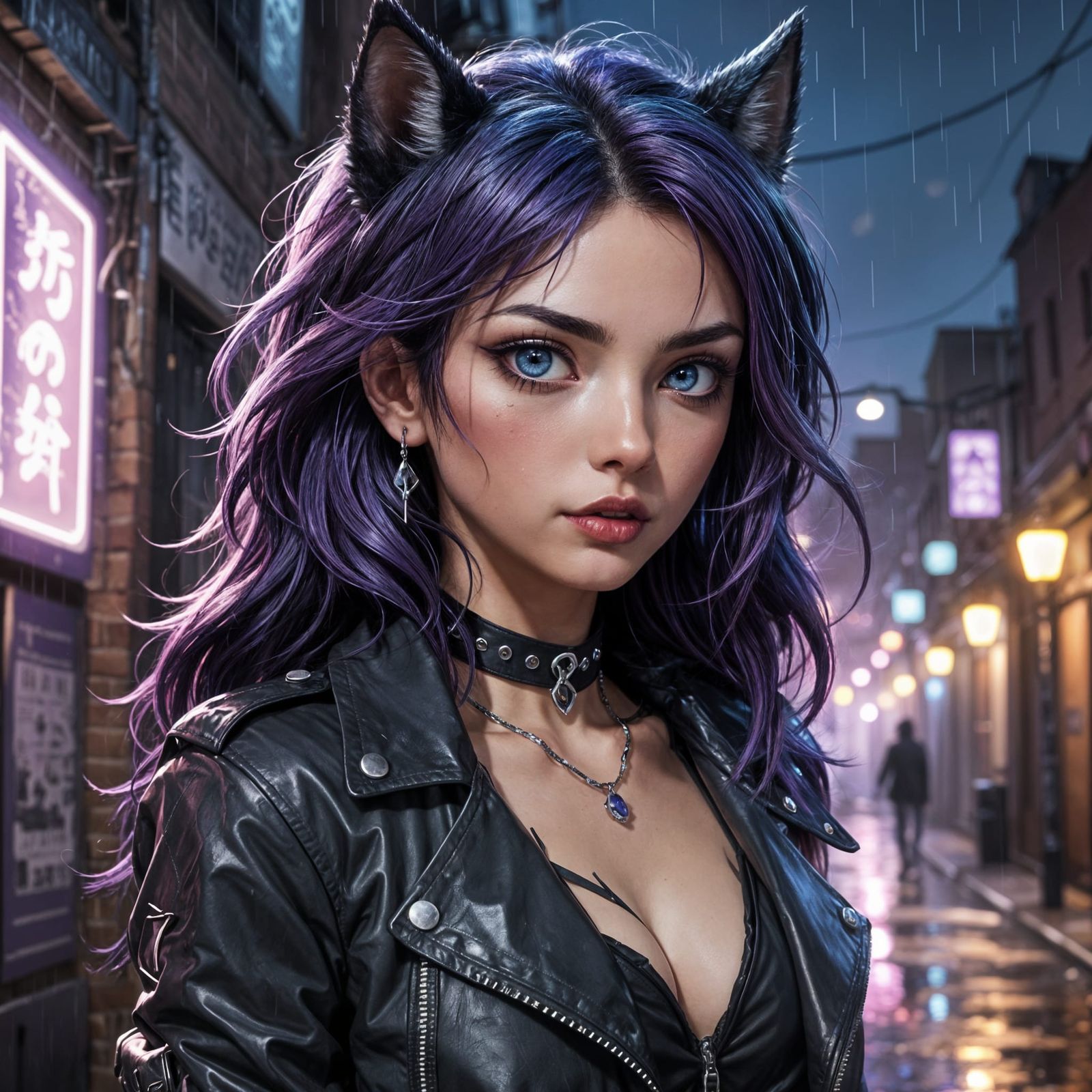 Anime Wolf-Girl in Rainy Alleyway