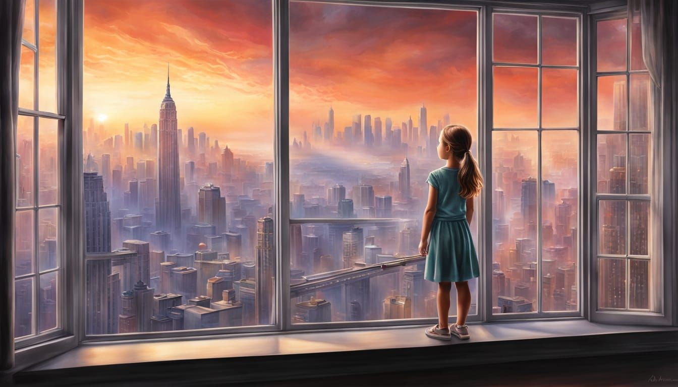 Airbrushed Cityscape at Dawn: Girl at Window