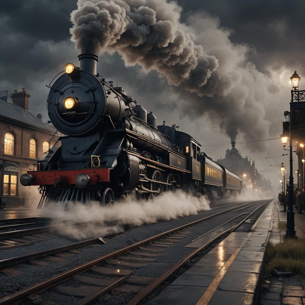 Victorian Train Station at Night: Detailed Digital Painting