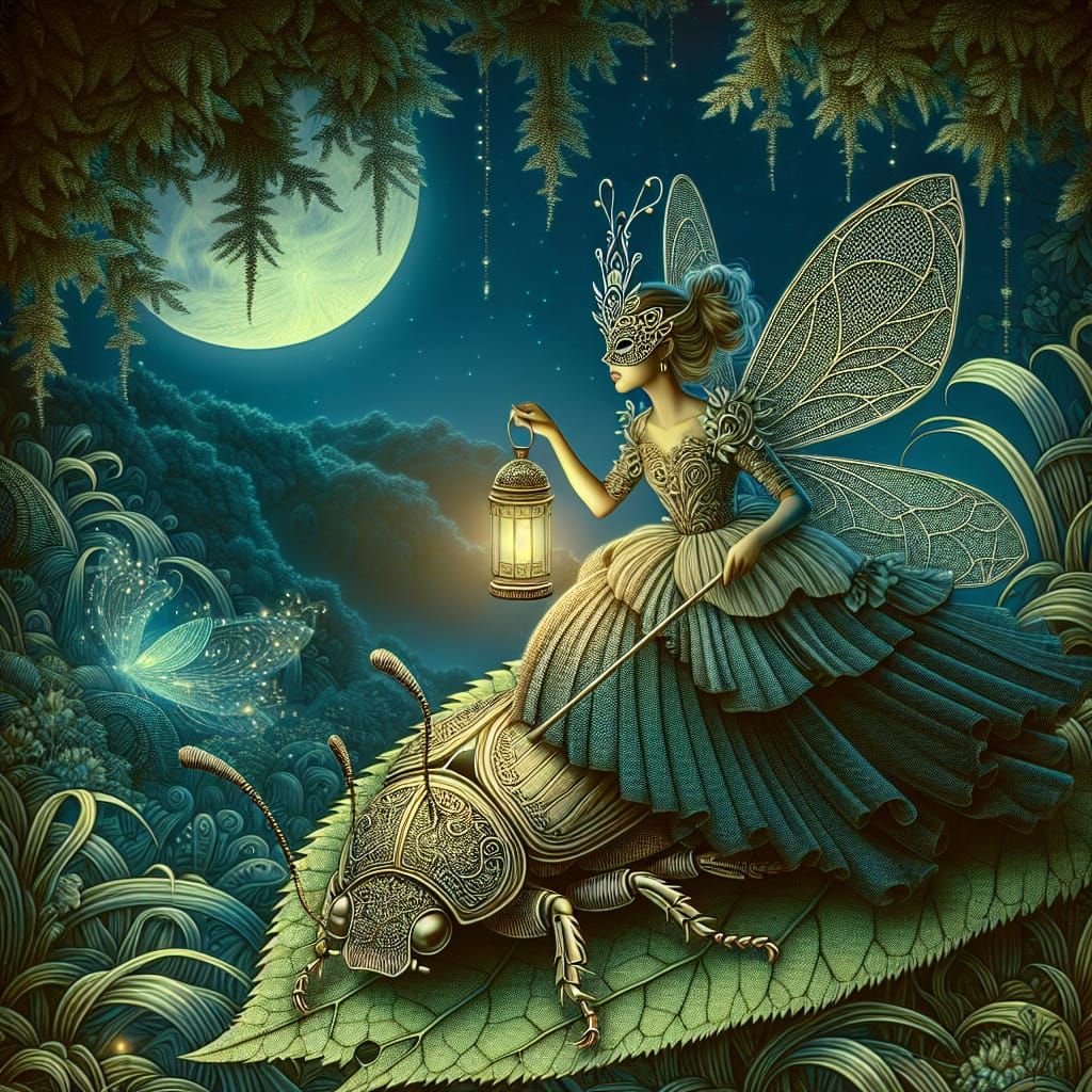 Enchanted Fairy on Beetle in Fantasy Forest