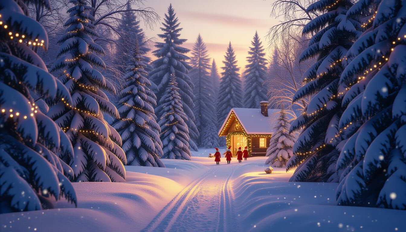 Magical Winter Forest Landscape with Elves and Golden Lights