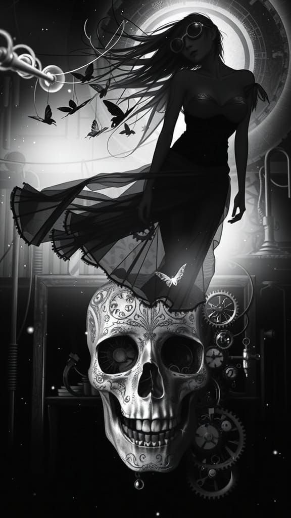 A whimsical fairy tinkerer with goggles perched on her nose, meticulously crafting clockwork butterflies in a sun-drench...