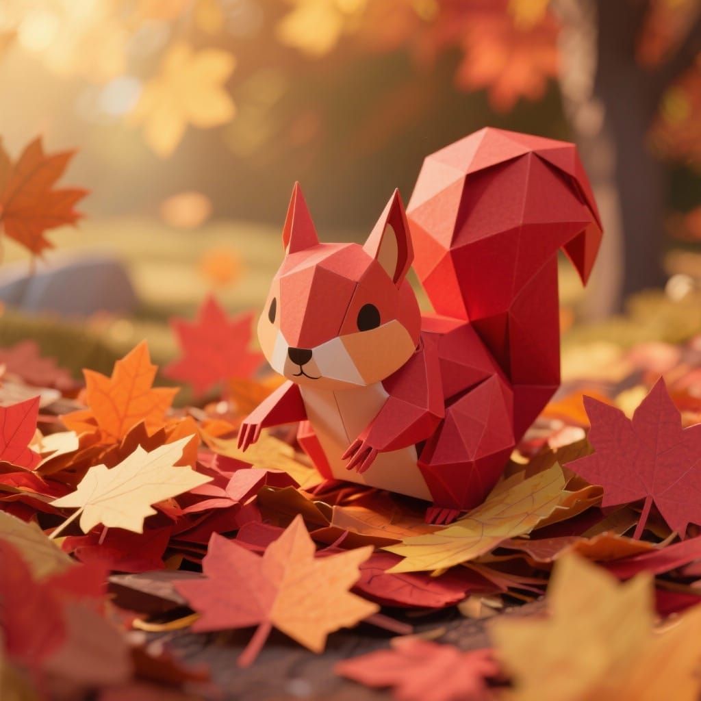 Cute Red Squirrel in Autumn Leaves Papercraft Style