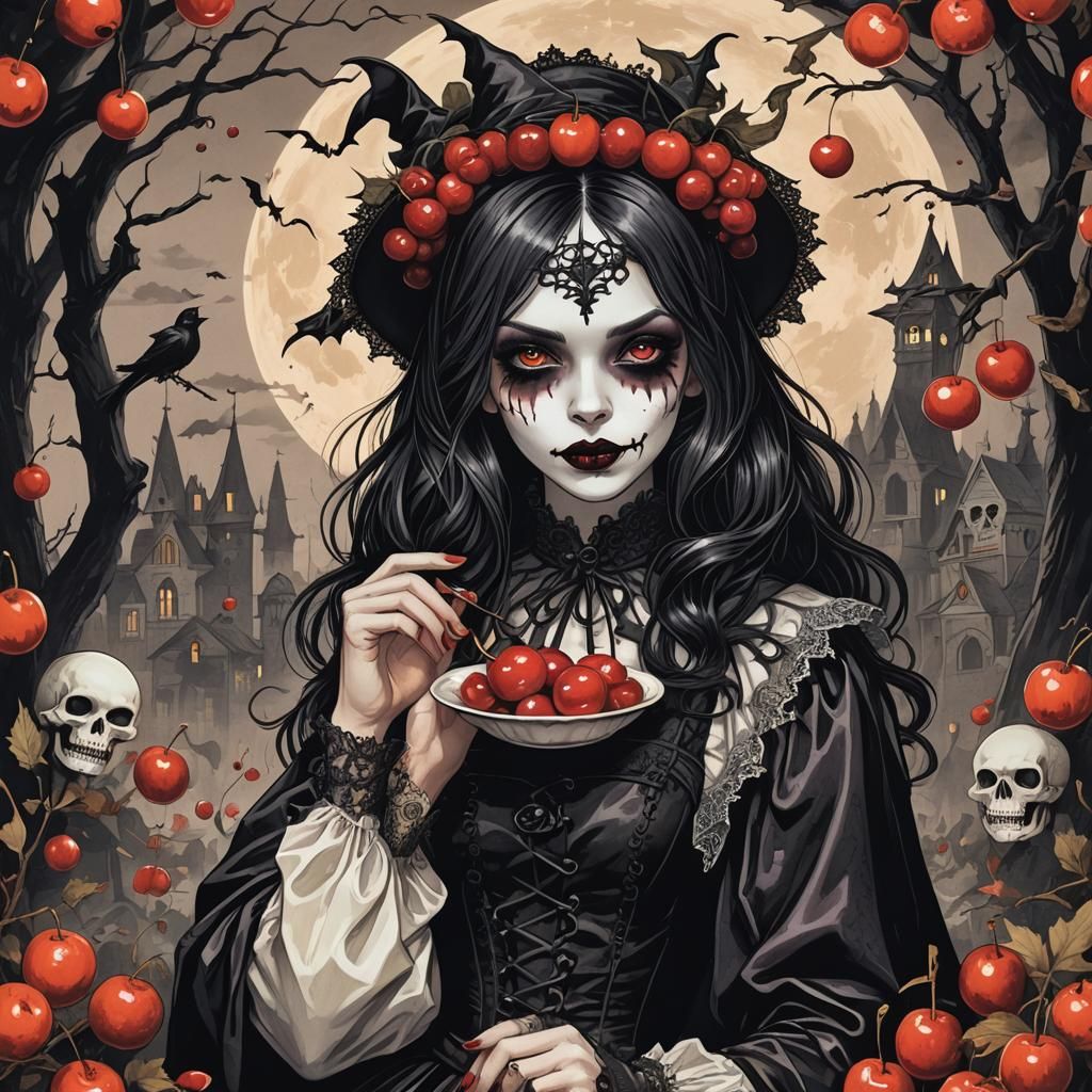 Gothic Halloween: Girl in Costume Eating Cherry