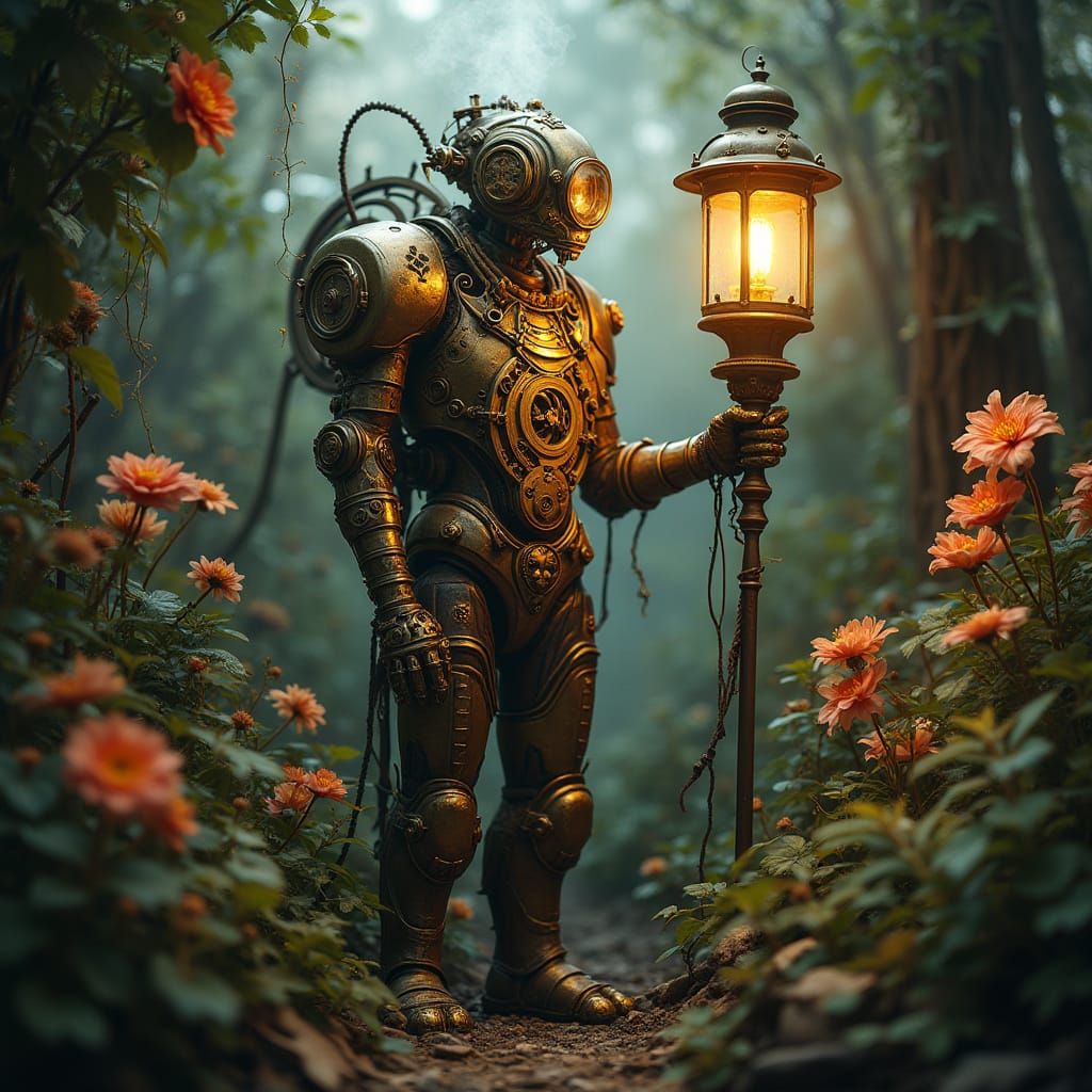 Steampunk Automaton in Botanical Garden with Gas Lamps