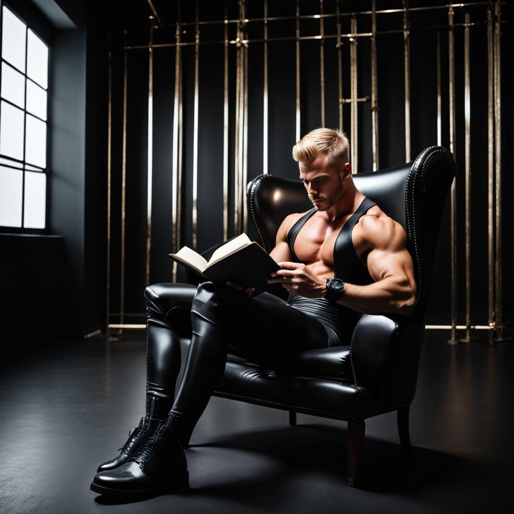 Handsome Bodybuilder Reading in Black Latex Room