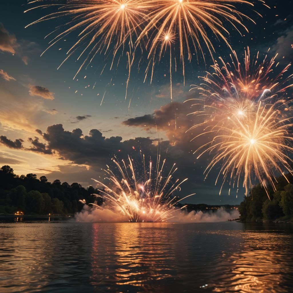 Fireworks Over River: Hyper-Realistic Digital Photography