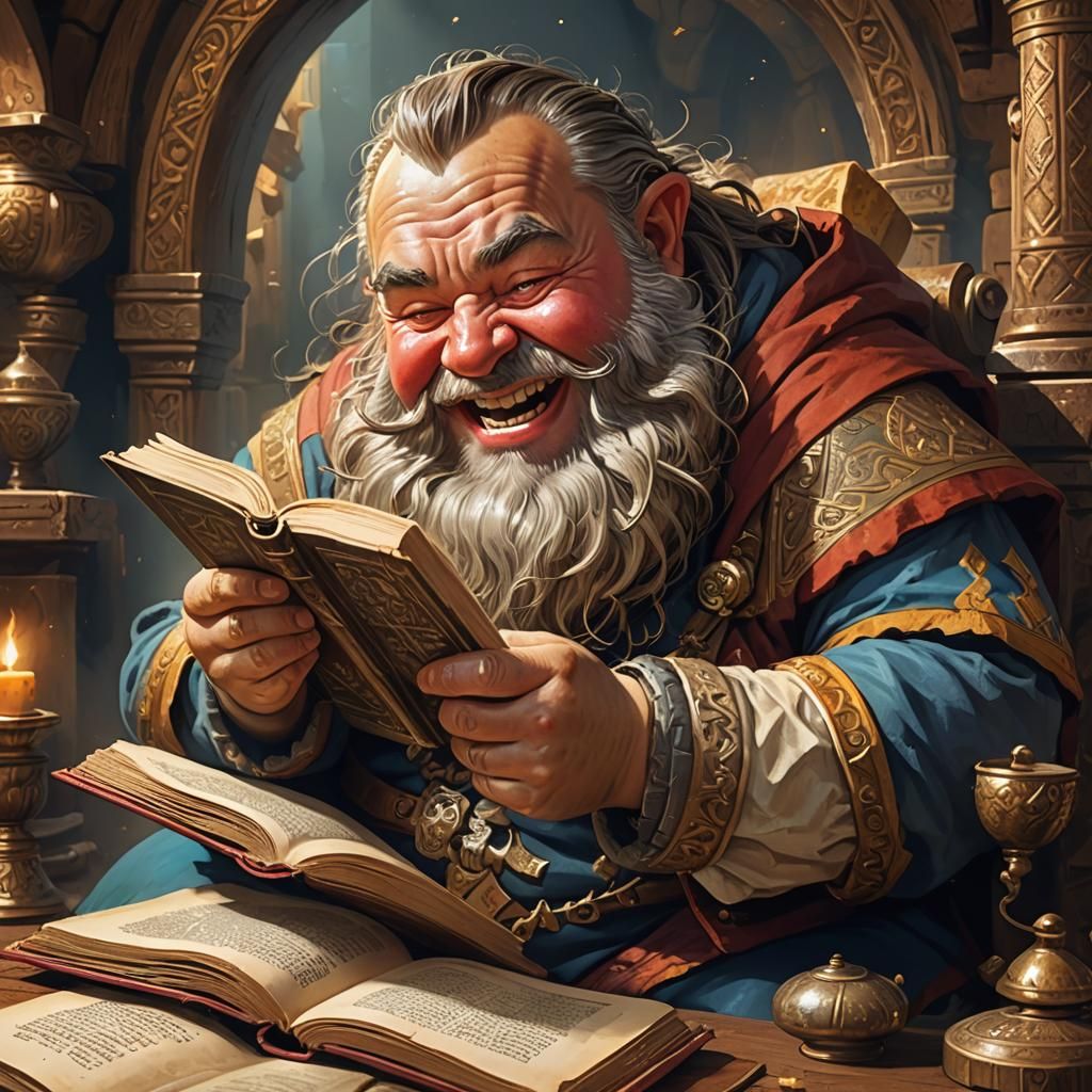 Fat Dwarf Reads Ancient Tome in Hyperrealistic Splash Art