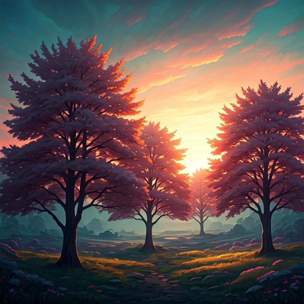 Surreal Sunrise in Vibrant Gouache Impressionism