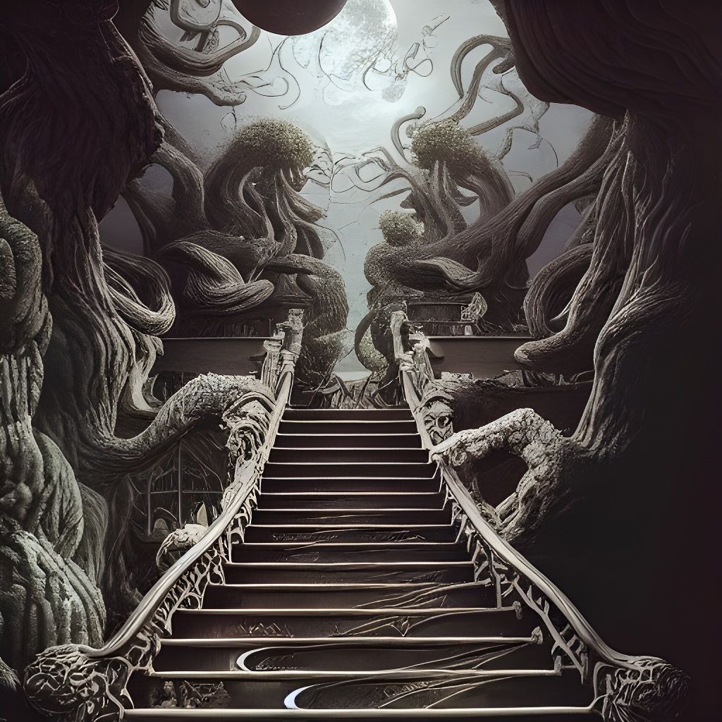 Surreal Steampunk Staircase in the Style of Atlas Illustrati...
