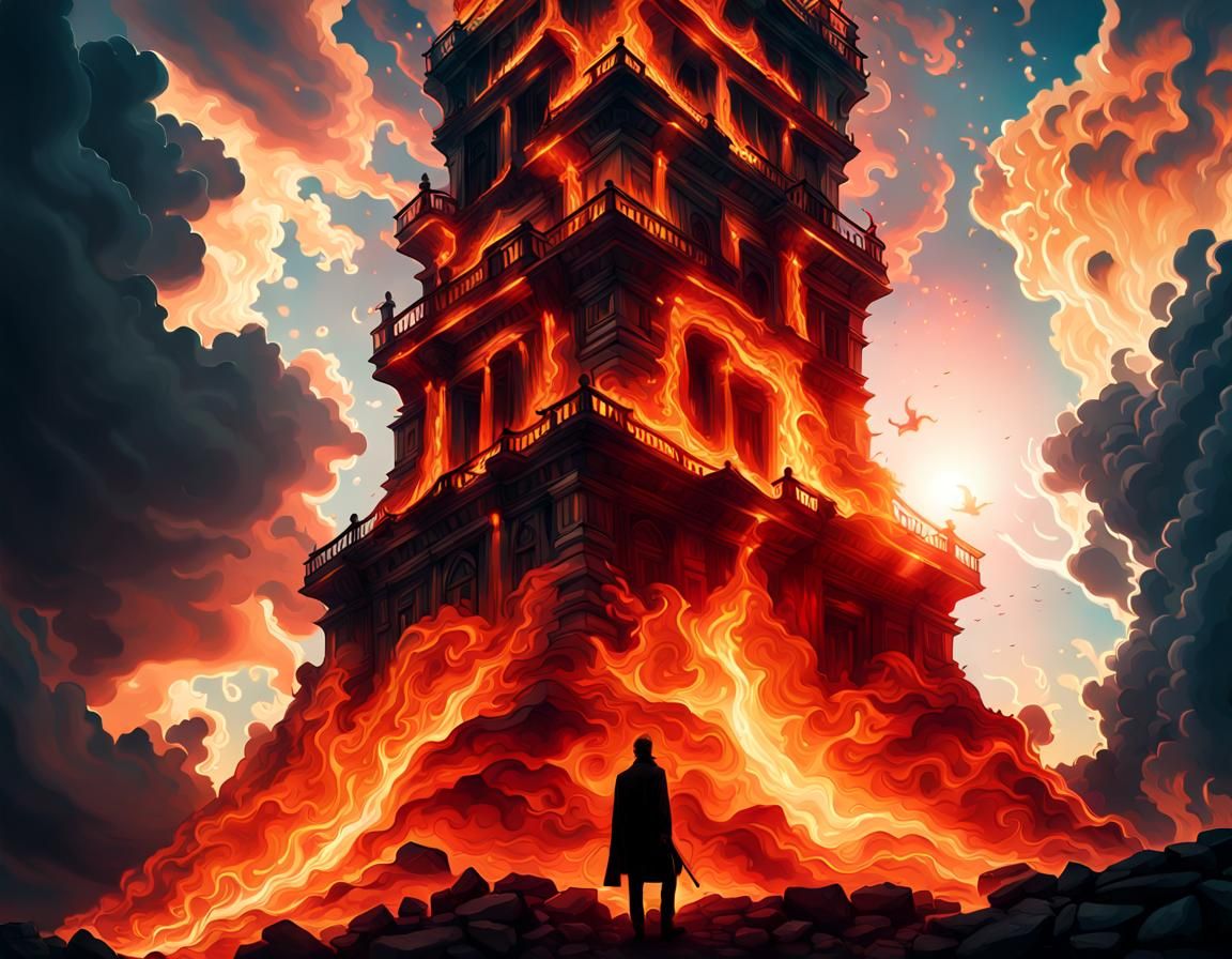 Inferno Consumes Fantasy Tower in Dark Fantasy Style