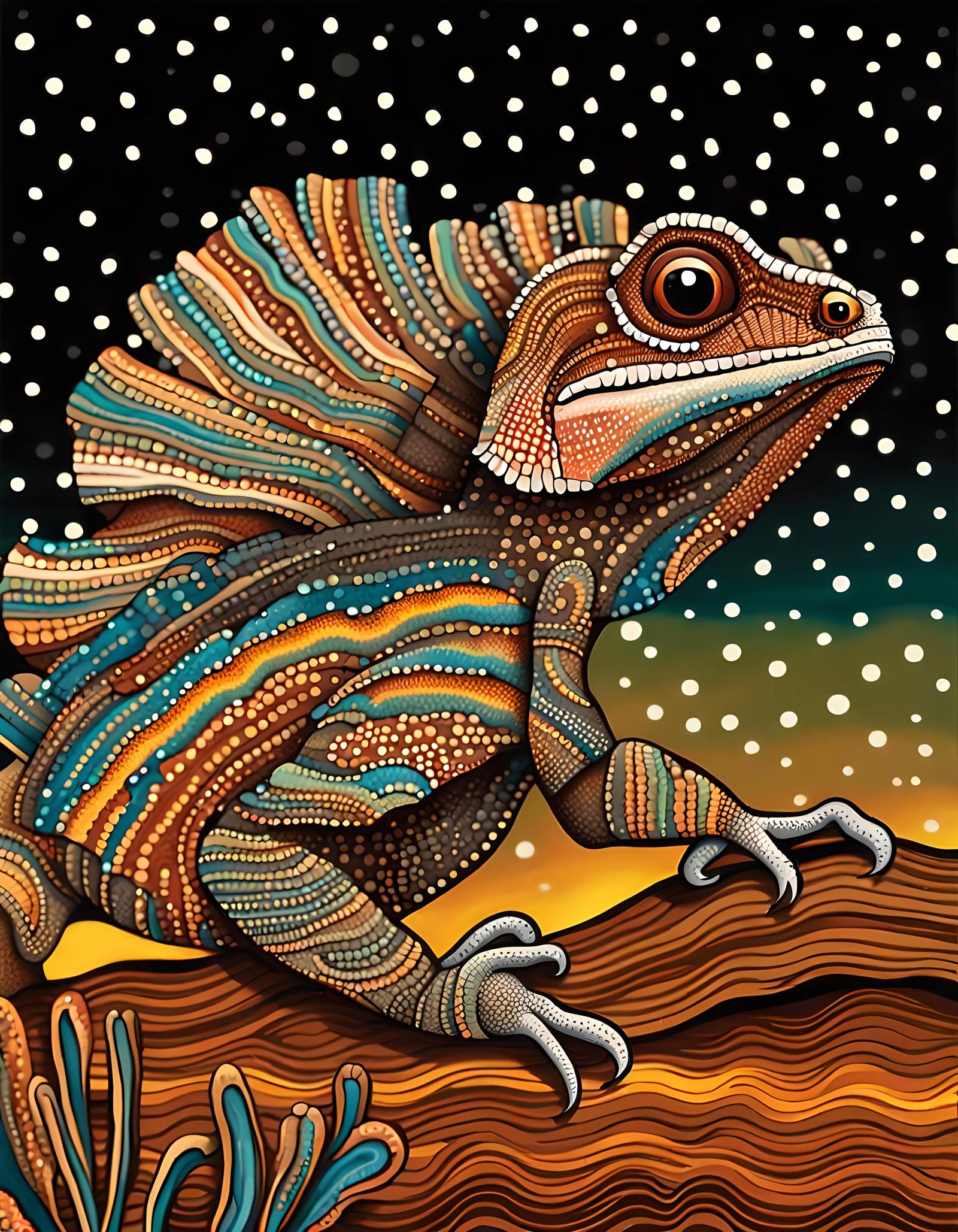 Frilled Lizard in Aboriginal Dot Art Style