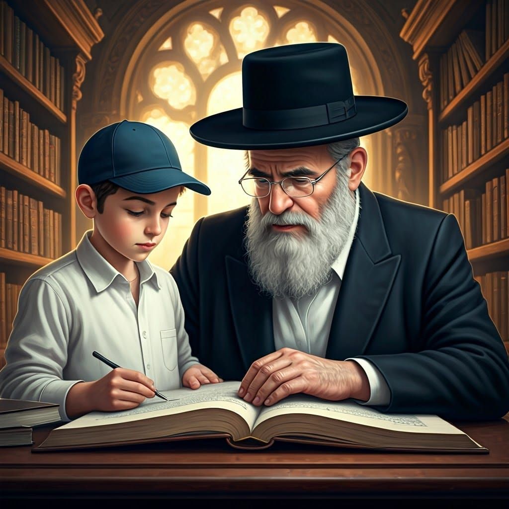 Orthodox Rabbi Studies Torah with Grandson in Ancient Librar...