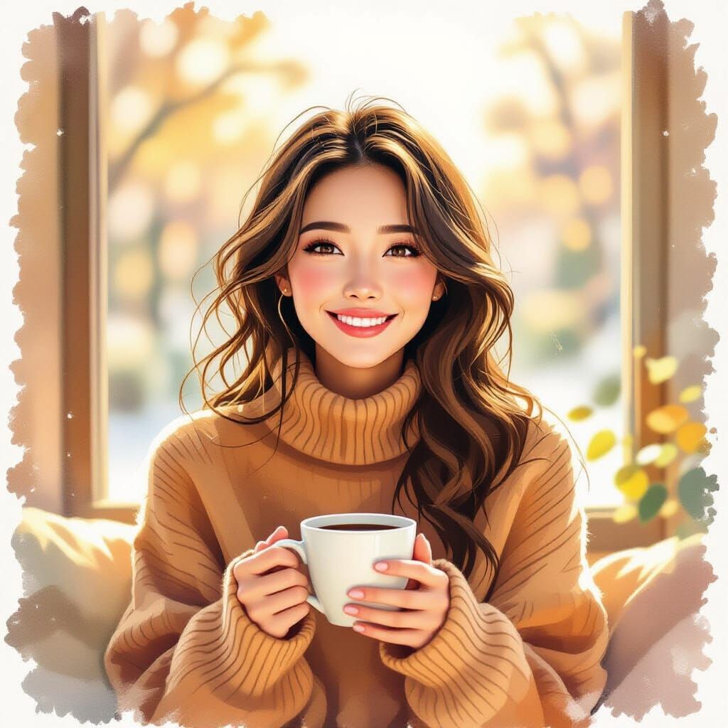 Serene Woman in Sunlight with Coffee, Watercolor Style