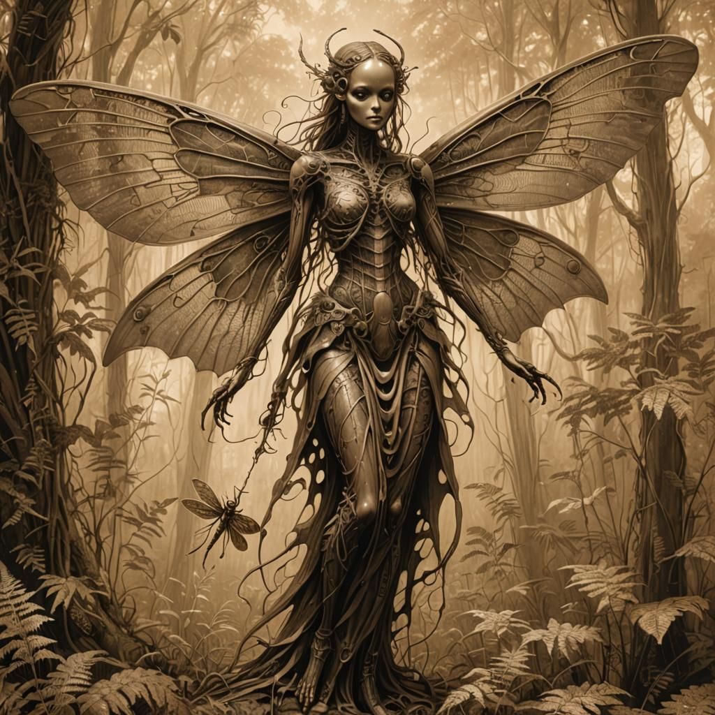 Insectile Fairy with Dragonfly Wings in Dark Fantasy Style