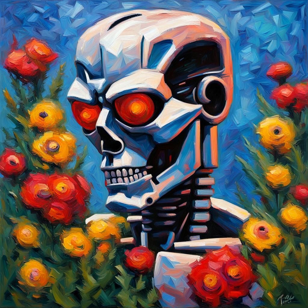Terminator Smelling Flowers, Expressionist Impasto Painting