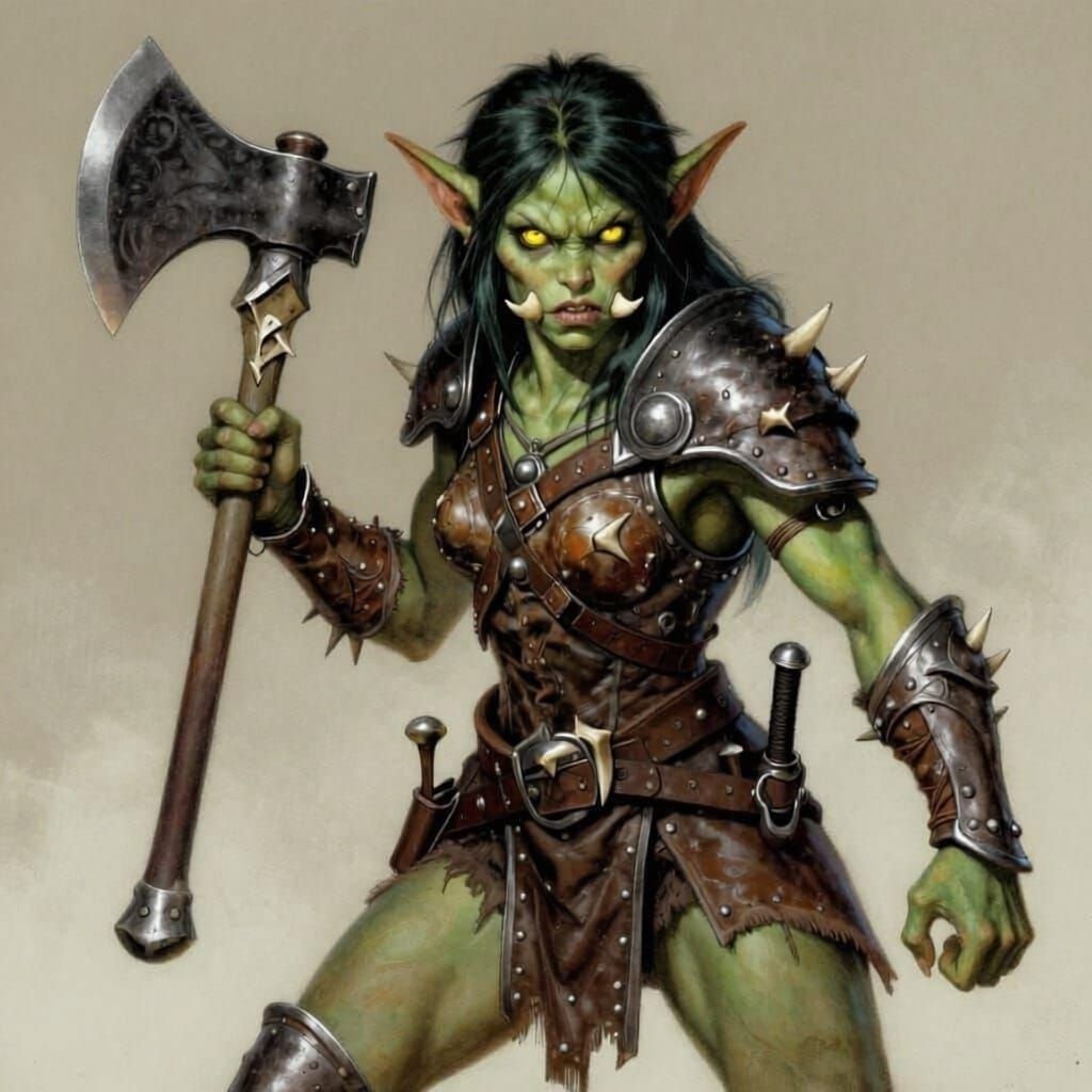 Fierce Goblin Girl Warrior in 80s Fantasy Art Style