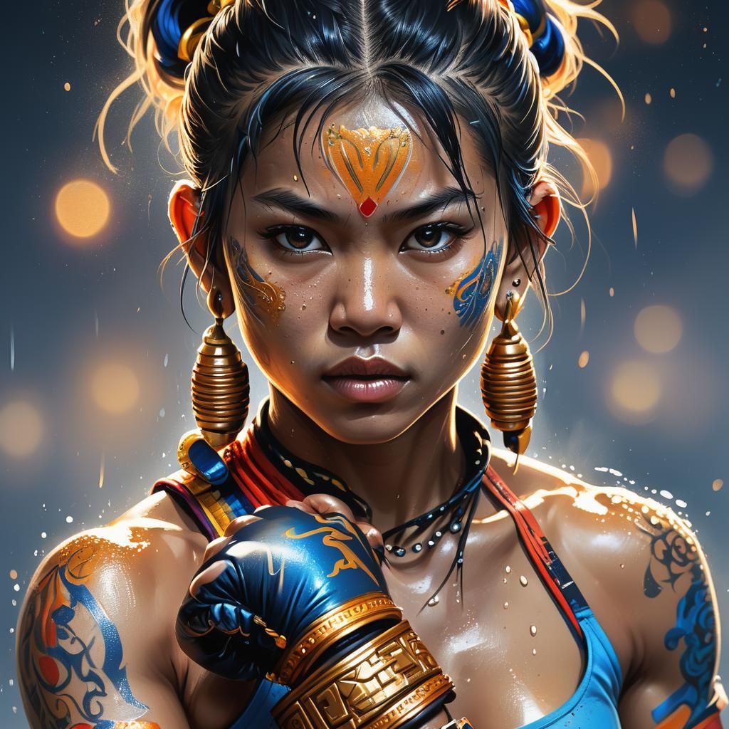 Female Muay Thai Fighter Portrait in Digital Art Style
