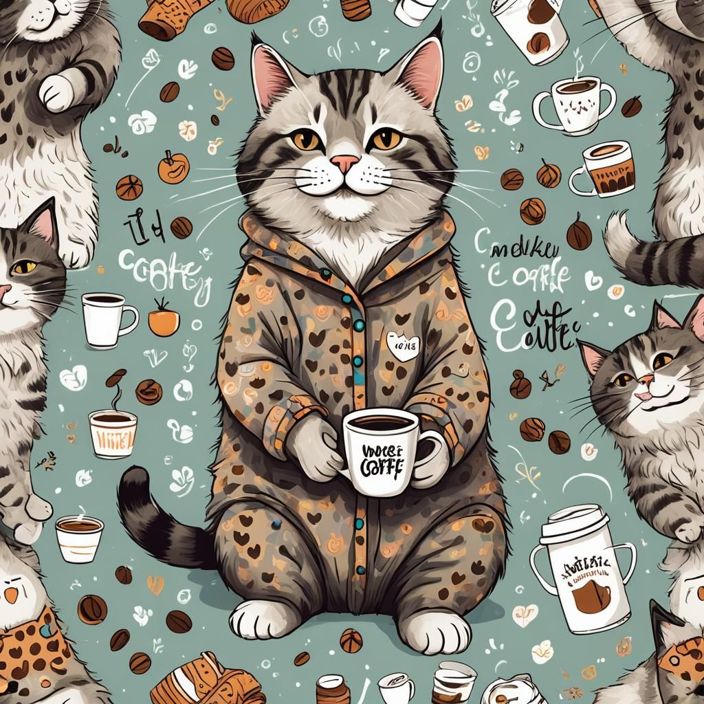 Playful Cat in Pajamas with Coffee: Vector Illustration