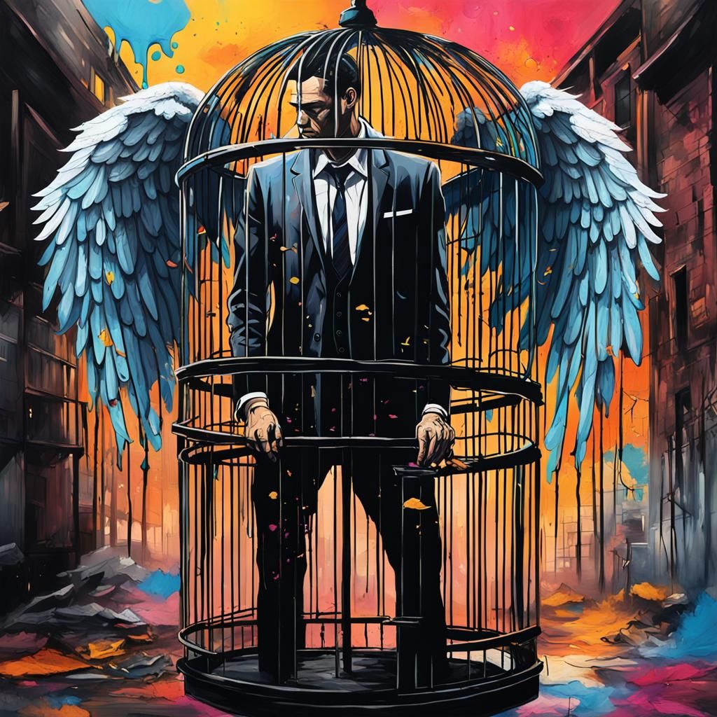 Man with Angel Wings in Birdcage: Graffiti Art