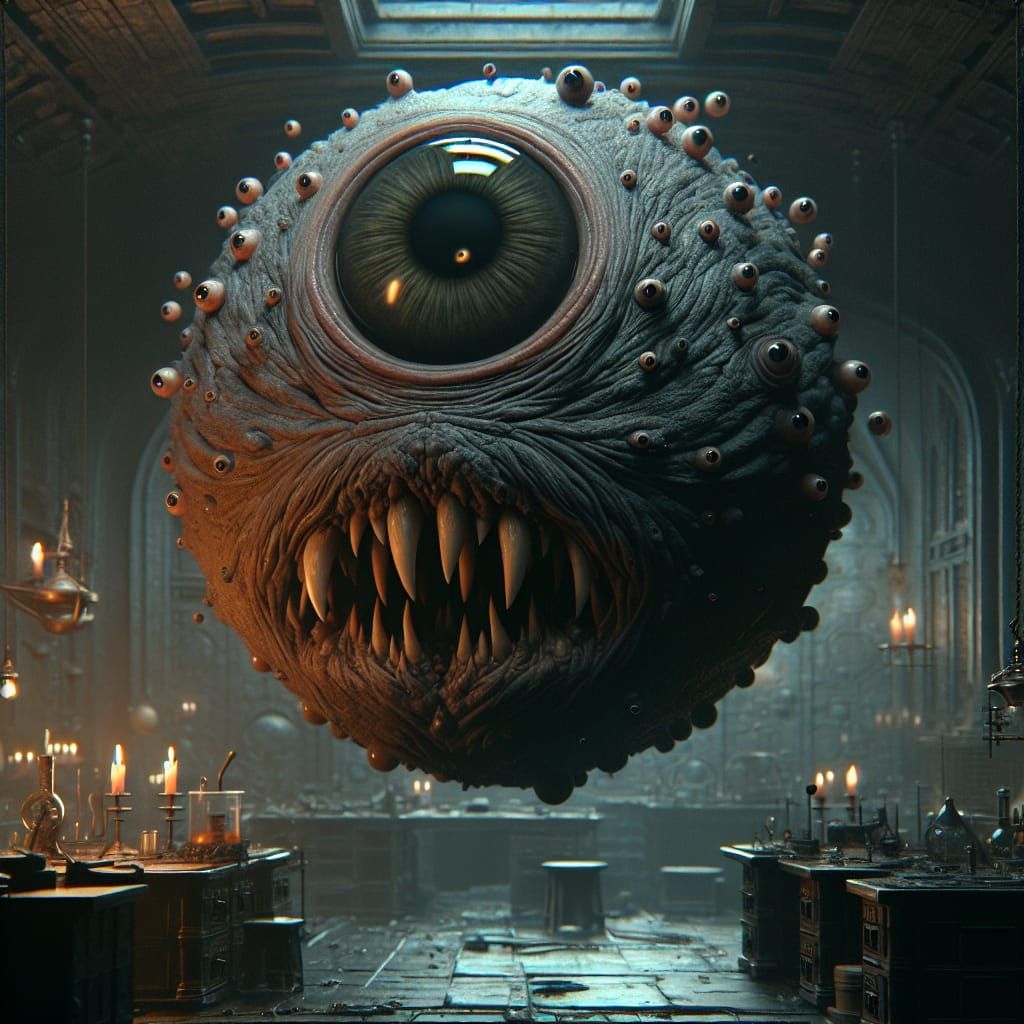 Hyperrealistic Beholder in Dark Wizard's Laboratory