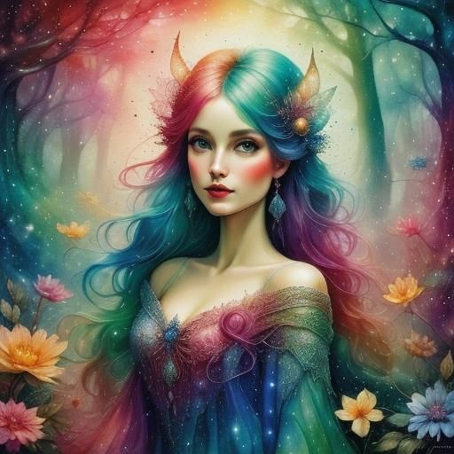 Macrame Fairies in an Enchanted Forest, Oil Painting