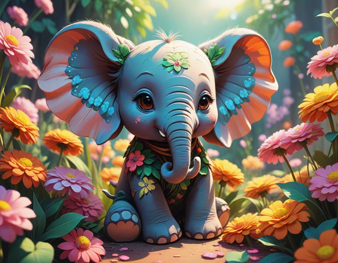 Vibrant Anime-Inspired Portrait of a Fuzzy Baby Elephant Ami...
