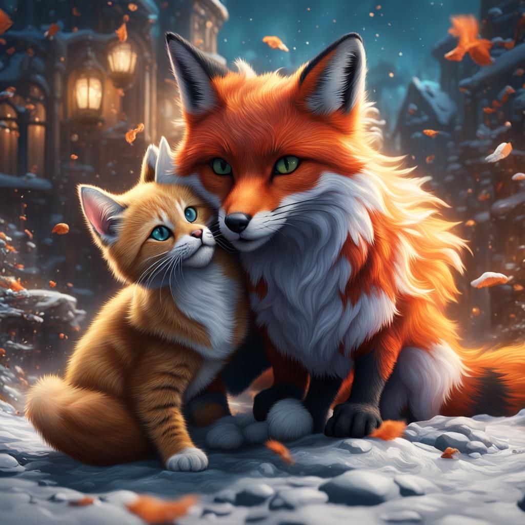 Cat and Fox Play in Detailed Matte Painting