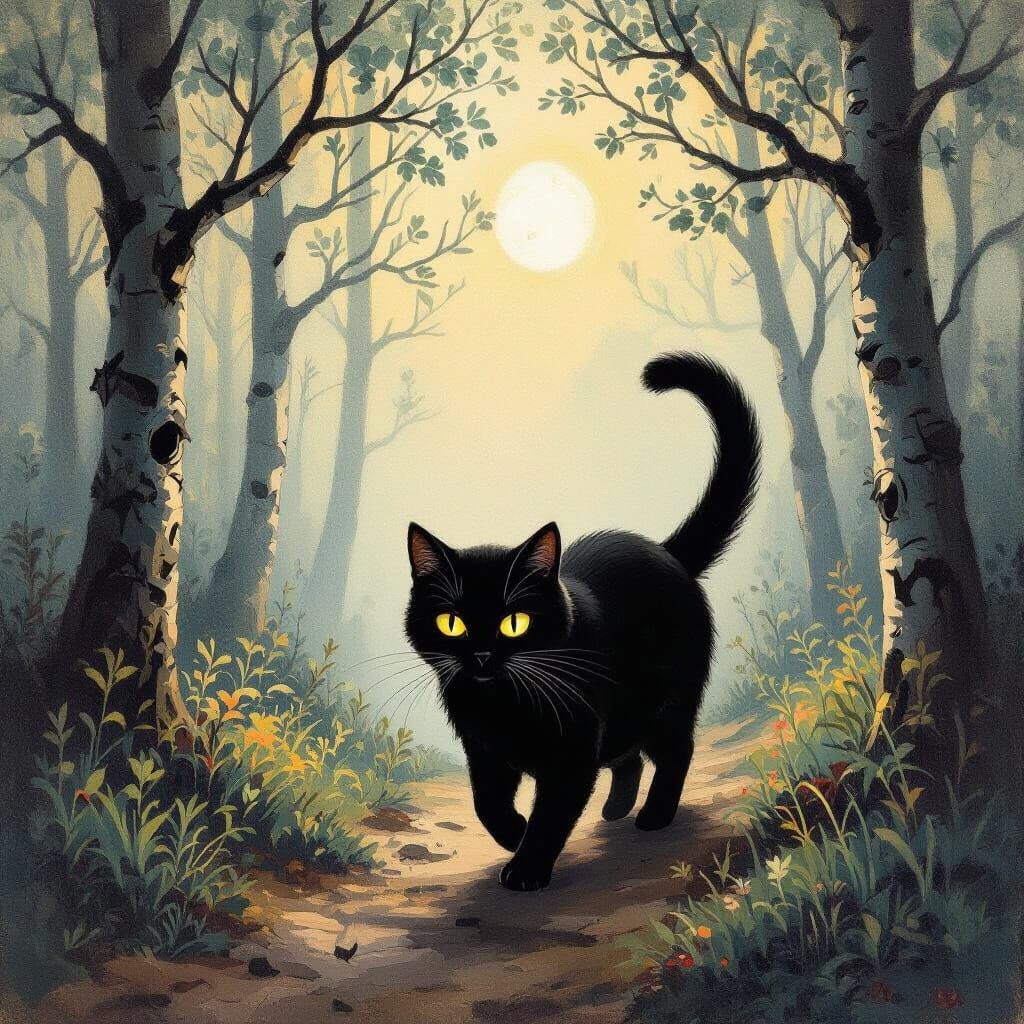 Black Cat in Mystical Forest, Monet & Friedrich Inspired
