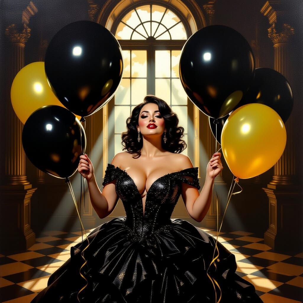 Opulent Oil Painting of Woman with Party Balloons