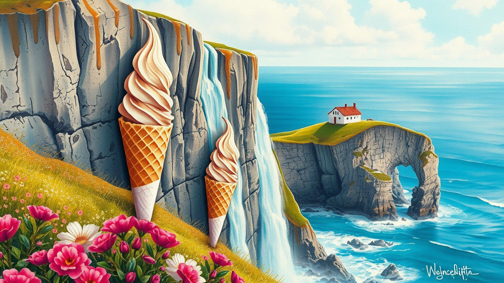 Surreal Ice Cream Cliffside in Ink Splatter Style
