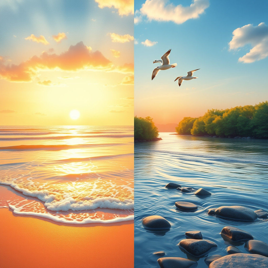 Ocean Sunset and Forest River in Impressionistic Style