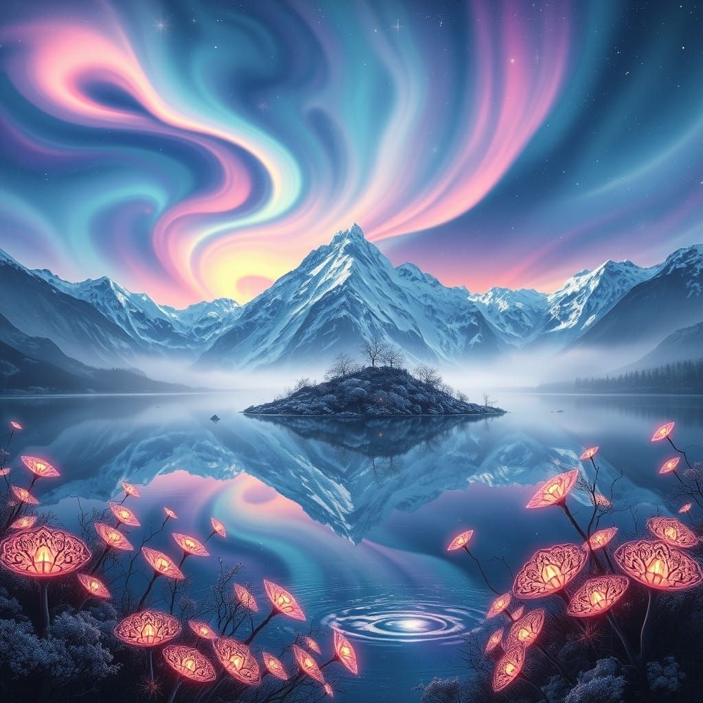 Ethereal Storm Landscape with Glowing Island