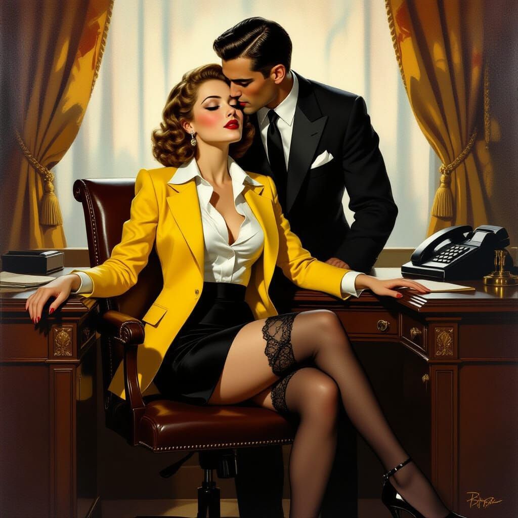 Elegant Office Scene with Woman in Yellow Jacket